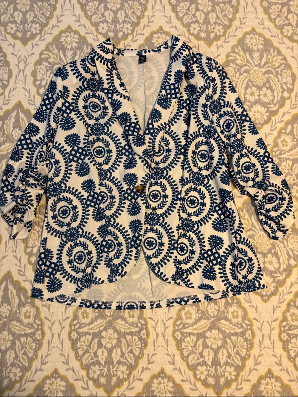 SHEIN White Blazer with Navy Circular Embroidery